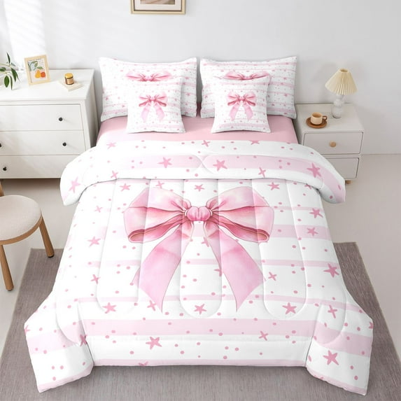Feelyou Pink Princess Bowknot Bedding Comforter Set 7pcs, Stars Lines Queen Bedding Sets