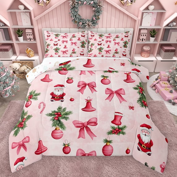 Feelyou Pink Princess Bowknot Full Size Comforter Sets, Kawaii Winter Santa Claus Bedding Comforter Set, Christmas Flower Reversible Bedding Sets, Microfiber Bedroom Decor, 3-Piece
