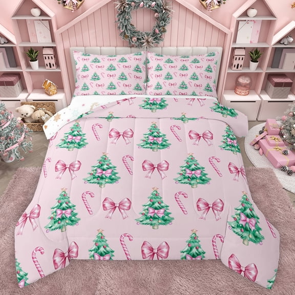 Feelyou Pink Princess Bowknot Queen Comforter Set for Kids, Cartoon Christmas Tree Bedding Sets, Candy Cane Reversible Bedding Comforter Set, Ultra Soft Bedroom Decor, 3pcs