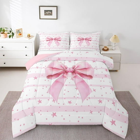 Feelyou Pink Princess Bowknot Twin Comforter Sets, Cartoon Stars Lines Bedding Set, 2pcs