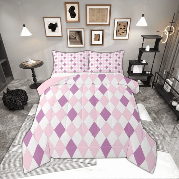 Feelyou Pink Purple Abstract Queen Comforter Set, Checkered Gingham Bedding Sets, Dreamy Square Geometric Reversible Bedding Comforter Set, Lightweight Room Decor, 3pcs
