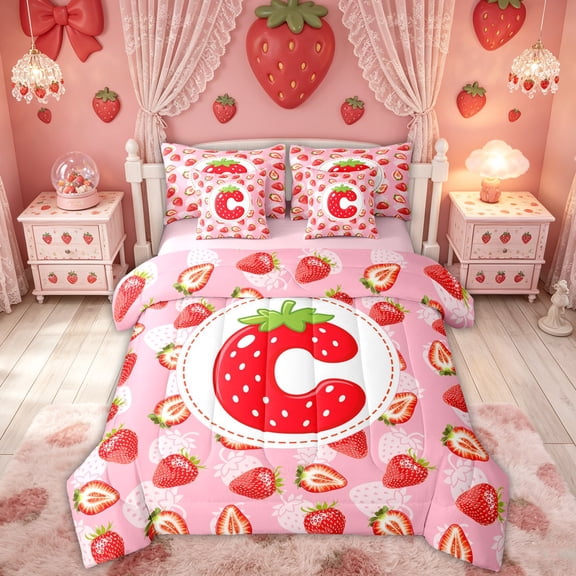 Feelyou Pink Red Strawberry C Letter Full Size Bedding Sets for Kids, Kawaii Cartoon Fruit Full Size Bed in a Bag, Pink Reversible, 7pcs