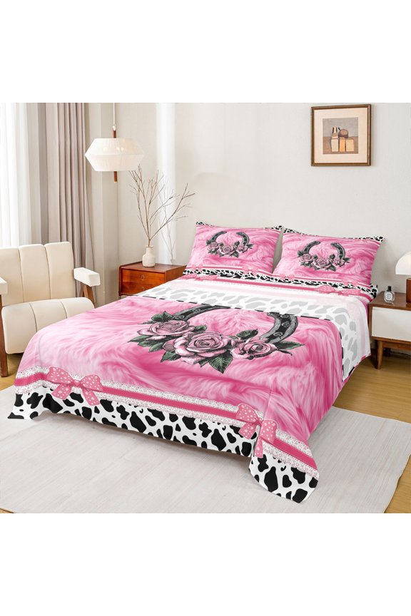 Pink Rose Bowknot Queen Sheet Sets, Western Horse Shoes Bed Set, 4-Piece