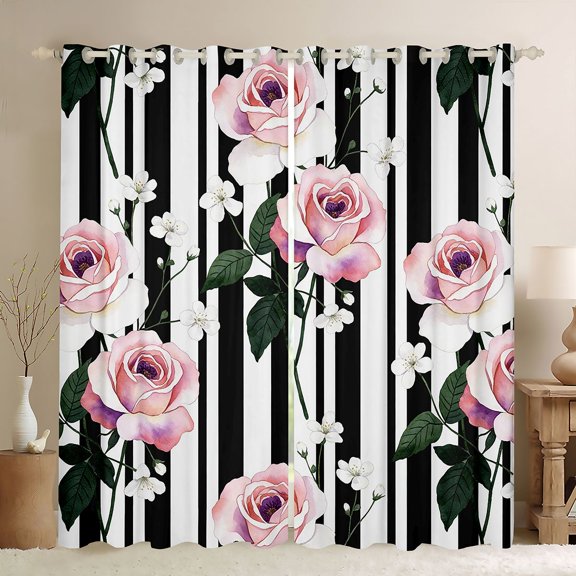 Feelyou Pink Rose Curtains Pack of 2 (42x84 Each), Black Stripes Lines Curtains Blackout