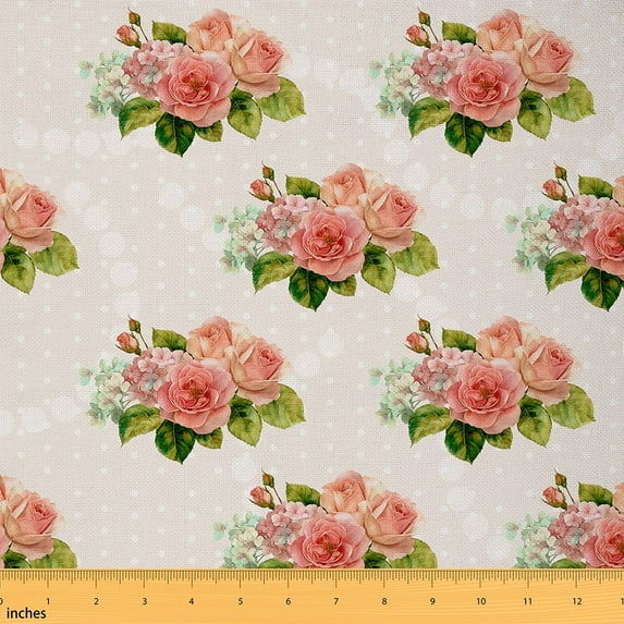 Feelyou Pink Rose Fabric by the Yard 5 Yards for Girls, Garden Flower Floral Home Decor Fabric by the Yard, Old Fashion Sewing Fabric, Ultra Soft Home Decor