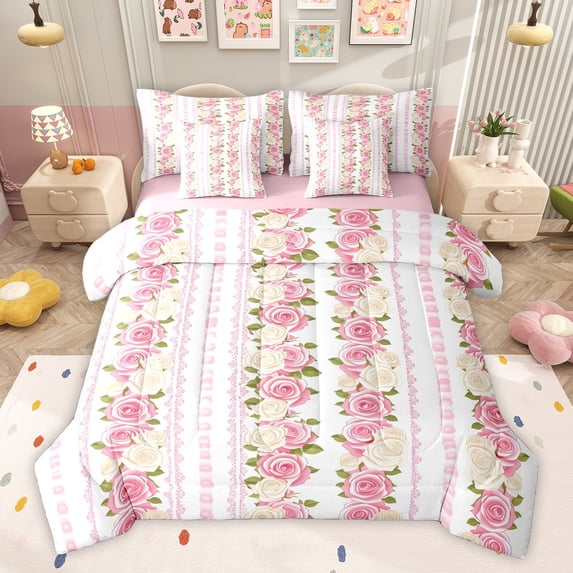 Feelyou Pink Rose Floral Bedding Comforter Set 7 Pieces for Girl, Western Bohemian Flower Full Bedding Set, Chic Stripes Lines Reversible Fitted Sheet Flat Sheet, Super Cozy Room Decor