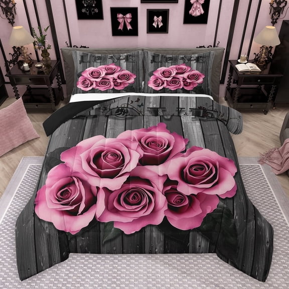Feelyou Pink Rose Floral Bedding Comforter Set for Women, Rustic Farmhouse Twin Comforter Sets, Romantic Festival Reversible Bedding Set, Breathable Home Decor, 2 Pieces