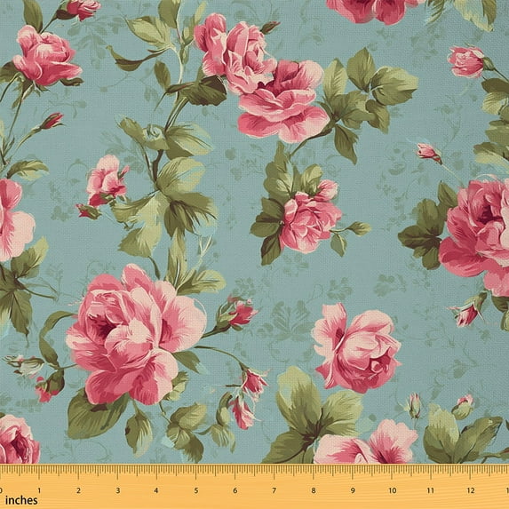 Feelyou Pink Rose Floral Fabric by the Yard 1 Yard for Girls, Framhouse Plant Room Decor Fabric by the Yard, Vintage French Style Fabric for Sewing, Lightweight Room Decor