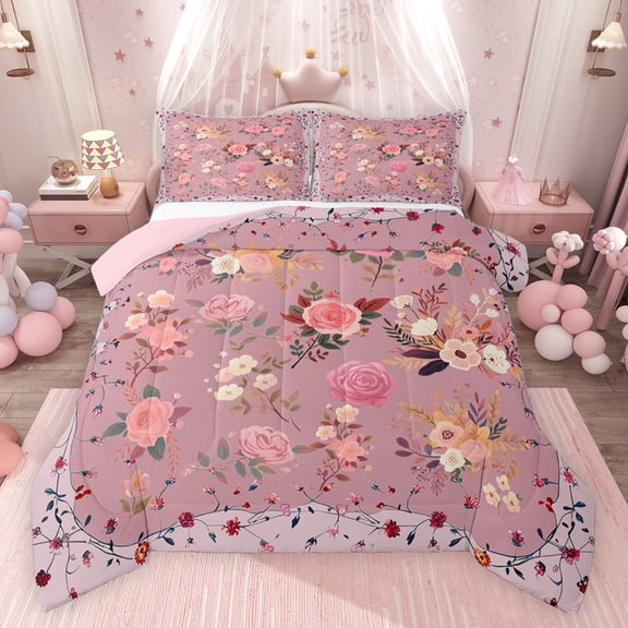 Feelyou Pink Rose Floral Full Size Comforter Sets, Vintage Bohemian Cherry Blossoms Bedding Comforter Set, Teens Kids Girls Women Reversible Bedding Sets, Super Cozy Room Decor, 3 Pieces
