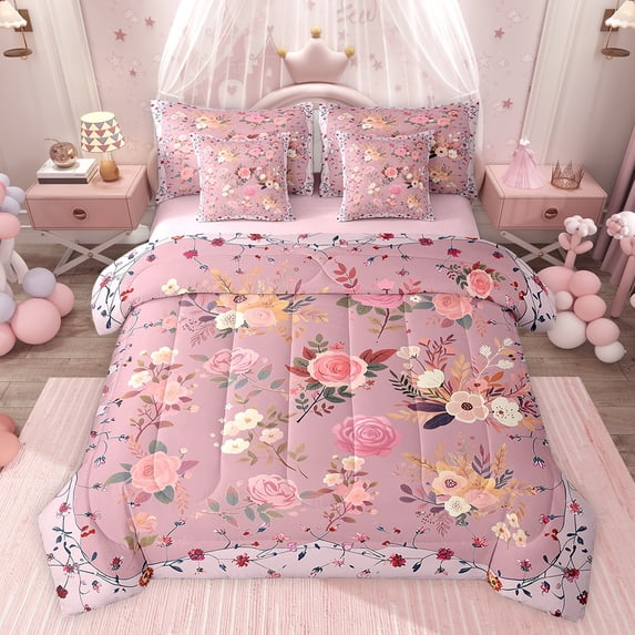 Feelyou Pink Rose Floral Twin Bedding Sets 7-Piece, Vintage Bohemian Cherry Blossoms Bedding Comforter Set, Teens Kids Girls Women Reversible Sheet Sets, Super Cozy Room Decor