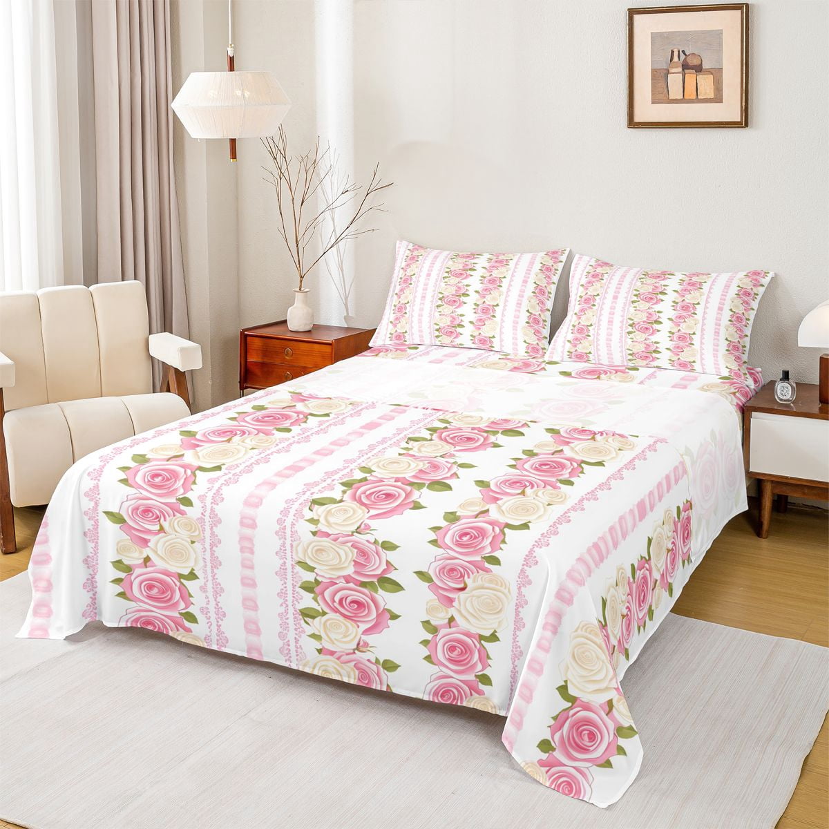 Feelyou Pink Rose Floral Twin Sheet Sets for Girl, Western Bohemian ...