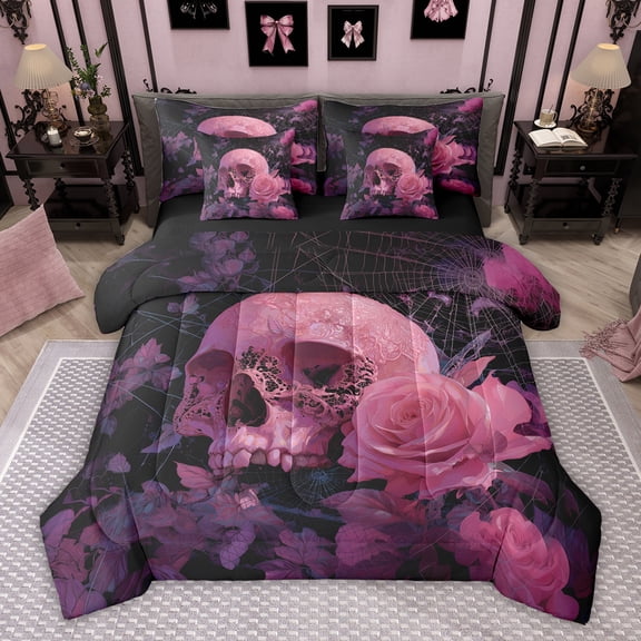 Feelyou Pink Rose Flower Bedding Comforter Set 7pcs for Couple, Romantic Gothic Skull King Bedding Sets, Spider Web Reversible Bed Sheets, Breathable Home Decor