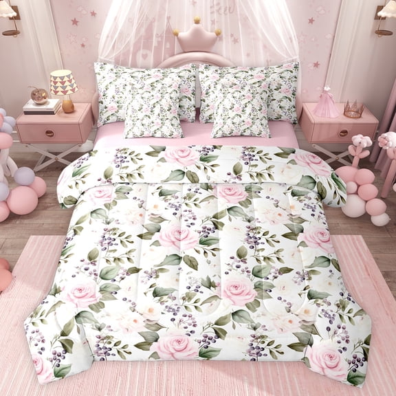 Feelyou Pink Rose Flower Bedding Comforter Set 7pcs, Spring Plant Botanical King Bedding Sets, Vintage Western Fashion Reversible Bed Sheets, Lightweight Room Decor