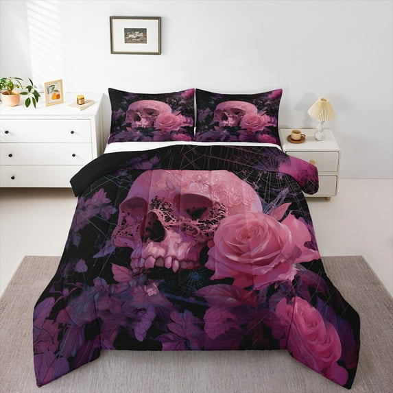 Feelyou Pink Rose Flower Bedding Comforter Set for Couple, Romantic Gothic Skull Twin Comforter Sets, Spider Web Reversible Bedding Set, Breathable Home Decor, 2 Pieces