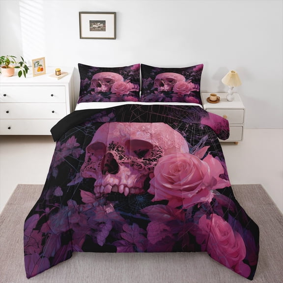 Feelyou Pink Rose Flower Full Size Comforter Sets for Couple, Romantic Gothic Skull Bedding Comforter Set, Spider Web Reversible Bedding Sets, Breathable Home Decor, 3 Pieces