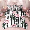 thumbnail image 1 of Feelyou Pink Rose Teens Bedding Comforter Set 7pcs, Black Stripes Lines King Bedding Sets, 1 of 8