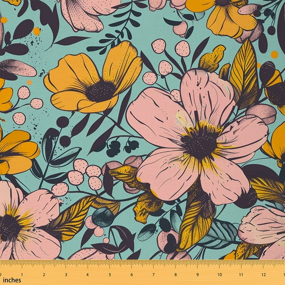 Feelyou Pink Rustic Floral Fabric by the Yard 1 Yard, Watercolor Flower Room Decor Fabric by the Yard, Child Vintage Fashion Fabric for Sewing, Lightweight Room Decor