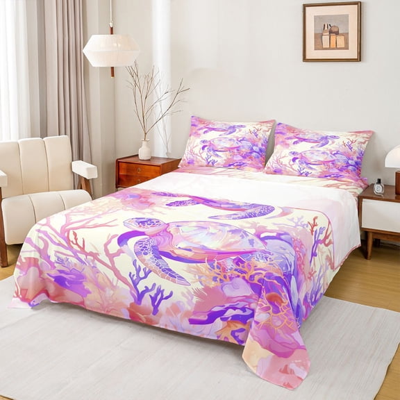 Feelyou Pink Sea Turtle Full Size Sheets, Watecolor Sea Coral Kid Bed Sheets, 4pcs