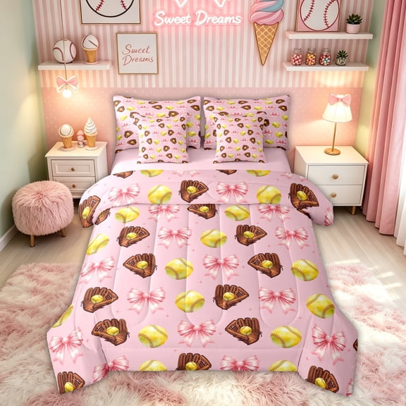 Feelyou Pink Softball Glove Bow Twin Bedding for Girls, Baseball Lover Bedding Comforter Set, Pink Reversible, 7pcs