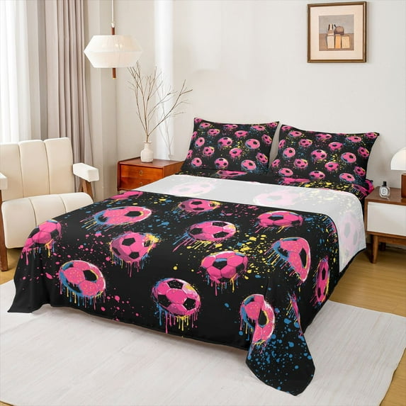 Feelyou Pink Splash Football Bed Sheets, Cartoon Soccer King Sheets, 4pcs