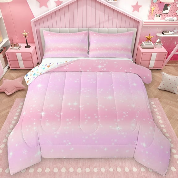 Feelyou Pink Starry Sky Bedding Comforter Set, Stars Sequin Print Twin Comforter Sets, Modern Abstract Artwork Reversible Bedding Set, Microfiber Bedroom Decor, 2pcs