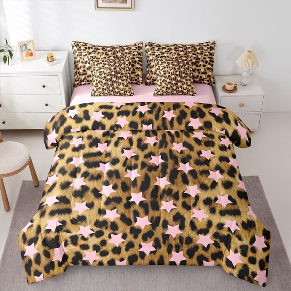 Feelyou Pink Stars Plum Bedding Comforter Set 7pcs, Cheetah Print Queen Bedding Sets