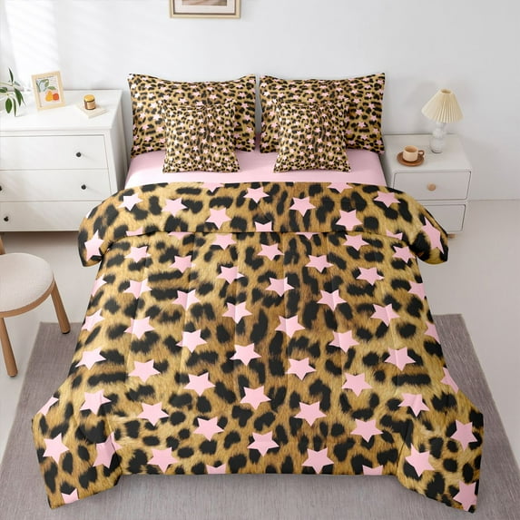 Feelyou Pink Stars Plum Bedding Comforter Set 7pcs, Modern Cheetah Print King Bedding Sets
