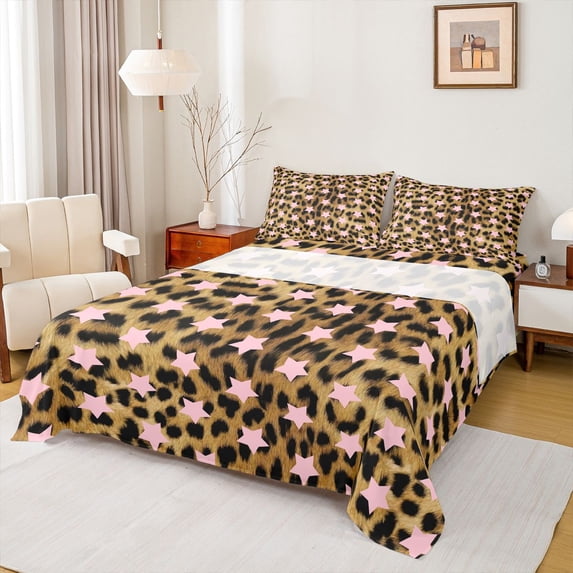 Feelyou Pink Stars Plum Full Size Sheets, Modern Cheetah Print Bed Sheets, 4 Pieces