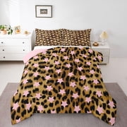 Feelyou Pink Stars Plum Queen Comforter Set, Cheetah Print Bedding Comforter Set, 3pcs