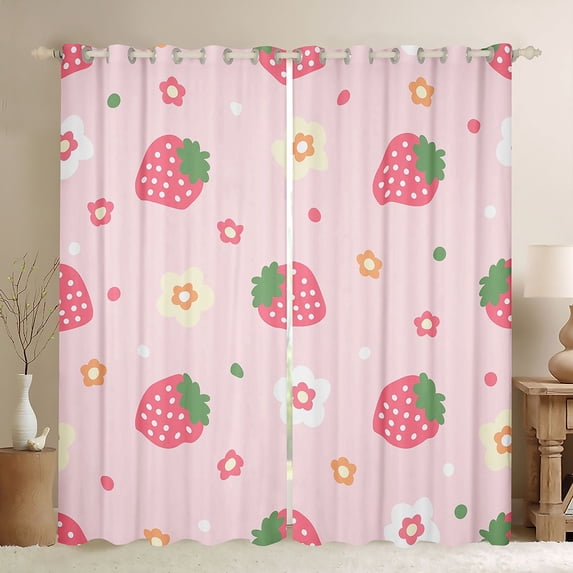 Feelyou Pink Strawberry Kids Blackout Curtains Set of 2 (52x84 Each), Kawaii Flower Floral Window Curtains, Princess Style Curtains and Drapes, Living Room Curtains Decor