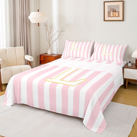 Feelyou Pink Stripe Gold L Initial Bed Sheets, Classic Monogram Initial King Sheets for Boys Girls, 4 Pieces