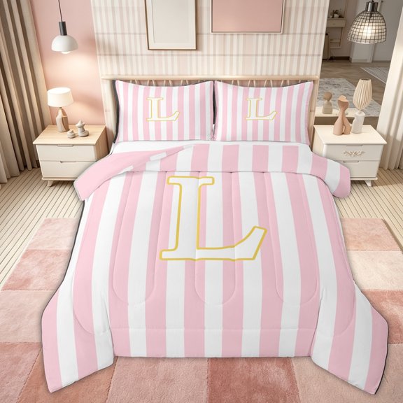 Feelyou Pink Stripe Gold L Initial Queen Comforter Set, Classic Monogram Initial Bedding Comforter Set for Boys Girls, Pink Reversible, 3 Pieces