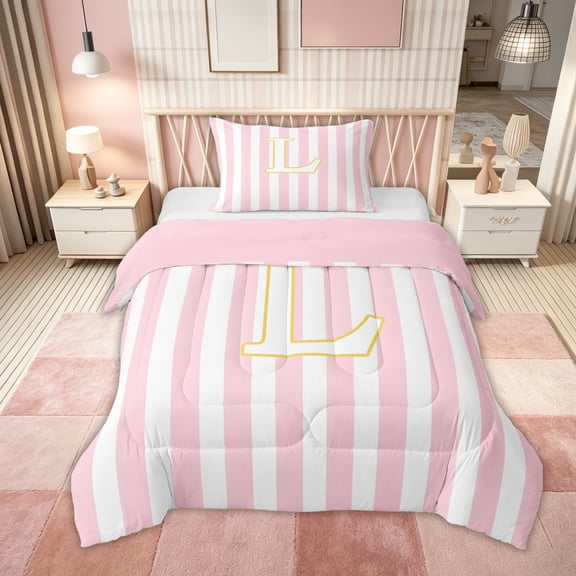 Feelyou Pink Stripe Gold L Initial Twin Comforter Sets, Classic Monogram Initial Bedding Set for Boys Girls, Pink Reversible, 2 Pieces