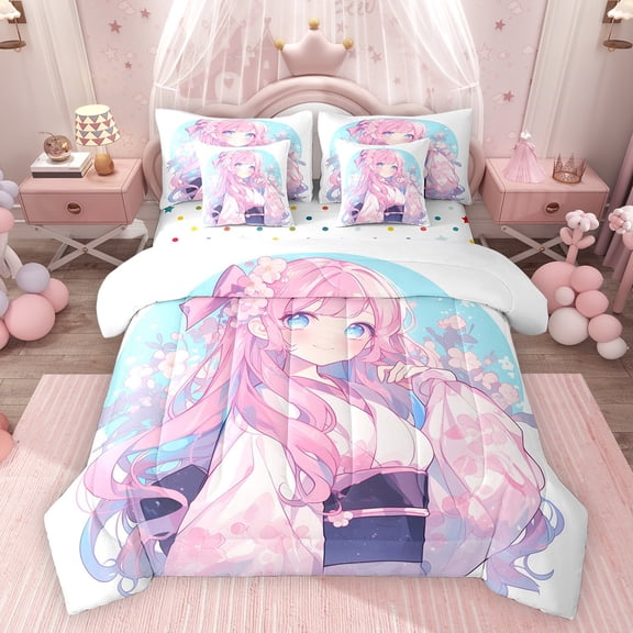 Feelyou Pink Tokyo Princess Comforter Set 7pcs, Japan Anime Girl Queen Bedding Sets