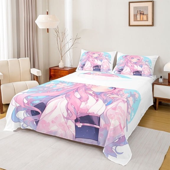Feelyou Pink Tokyo Princess Queen Sheet Sets, Japan Anime Girl Bed Set, 4pcs
