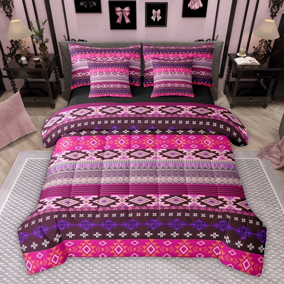 Feelyou Pink Triangle Aztec Bedding Comforter Set 7pcs, Boho Rustic Farmhouse King Bedding Sets, Mandala Western Fashion Reversible Bed Sheets, Luxury Bedroom Decor