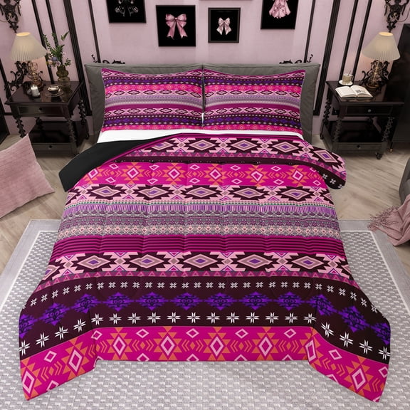 Feelyou Pink Triangle Aztec Queen Comforter Set, Boho Rustic Farmhouse Bedding Sets, Mandala Western Fashion Reversible Bedding Comforter Set, Luxury Bedroom Decor, 3pcs