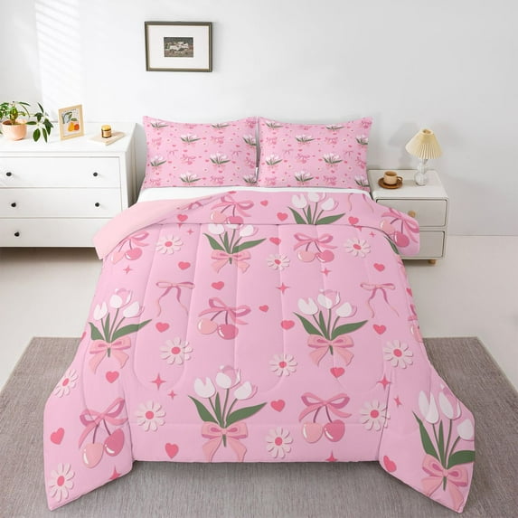 Feelyou Pink Tulip Queen Comforter Set, Cartoon Bow Bedding Comforter Set, 3pcs