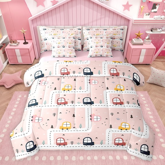 Feelyou Pink Vehicle Car Bedding Comforter Set 7pcs for Teens, Kawaii Cartoon Truck Queen Bedding Sets, Lines Stripes Reversible Queen Sheet Sets, Luxury Bedroom Decor