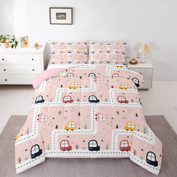 Feelyou Pink Vehicle Car Bedding Comforter Set for Teens, Kawaii Cartoon Truck Twin Comforter Sets, Lines Stripes Reversible Bedding Set, Luxury Bedroom Decor, 2pcs