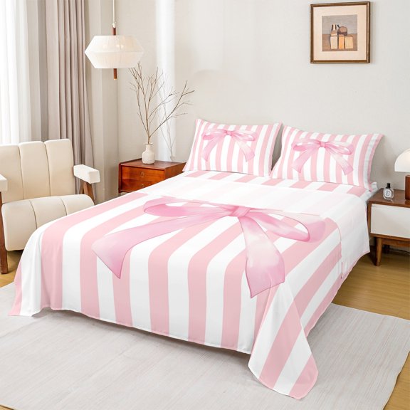 Feelyou Pink Watercolor Bowknot Bed Sheets, Chic Stripes Lines King Sheets, Dreamy Princess Style Sheet Set, Super Cozy Room Decor, 4-Piece