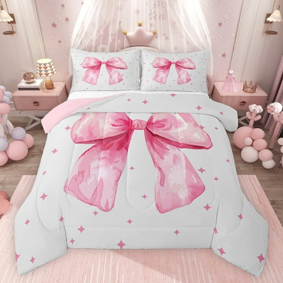 Feelyou Pink Watercolor Bowknot Bedding Comforter Set for Kids, Cartoon Stars Print Twin Comforter Sets, Fairy Tale Princess Reversible Bedding Set, Microfiber Bedroom Decor, 2pcs