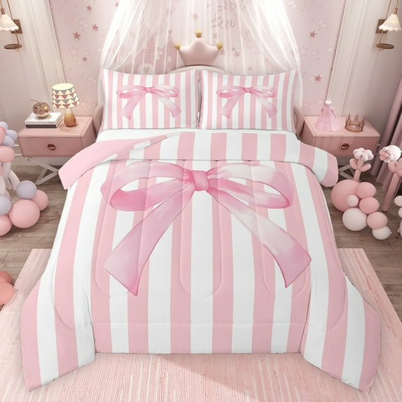 Feelyou Pink Watercolor Bowknot Queen Comforter Set, Chic Stripes Lines Bedding Sets, Dreamy Princess Style Reversible Bedding Comforter Set, Super Cozy Room Decor, 3-Piece