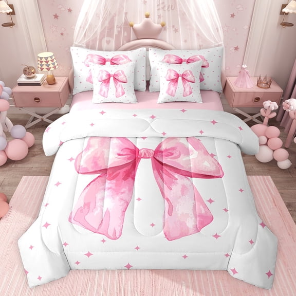 Feelyou Pink Watercolor Bowknot Twin Bedding Sets 7-Piece for Kids, Cartoon Stars Print Bedding Comforter Set, Fairy Tale Princess Reversible Sheet Sets, Microfiber Bedroom Decor