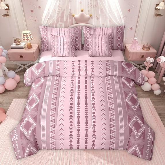 Feelyou Pink Western Aztec Twin Bedding Sets 7-Piece for Women, Boho Triangle Square Bedding Comforter Set, Hippie Mandala Style Reversible Sheet Sets, Super Cozy Room Decor