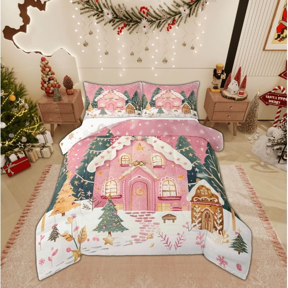 Feelyou Pink Winter Horse Queen Comforter Set, Dreamy Fairy Tale Bedding Sets, Merry Christmas Reversible Bedding Comforter Set, Lightweight Room Decor,3 Pieces