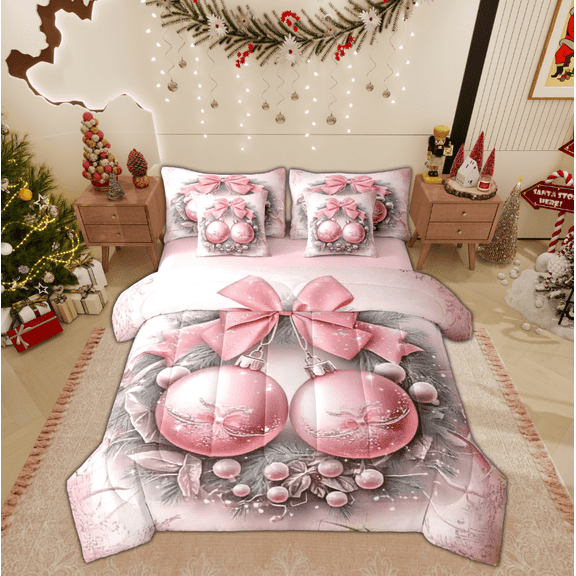 Feelyou Pink Xmas Ball Bedding Comforter Set 7pcs, Dreamy Christmas Plant Botanical Queen Bedding Sets, Teen Kid Boy Girl Reversible Queen Sheet Sets, Lightweight Room Decor