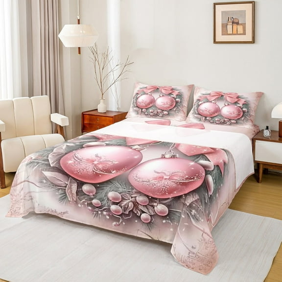 Feelyou Pink Xmas Ball Queen Sheet Sets, Dreamy Christmas Plant Botanical Flat Sheet, Teen Kid Boy Girl Queen Fitted Sheet, Lightweight Room Decor, 4pcs