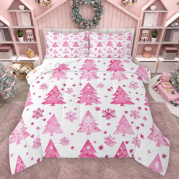 Feelyou Pink Xmas Tree Bedding Comforter Set for Kid, Dreamy Christmas Snowflake Twin Comforter Sets, Happy New Year Reversible Bedding Set, Microfiber Bedroom Decor, 2-Piece