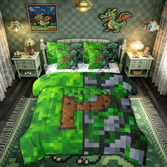 Feelyou Pixel Game Alphabet P Full Size Bedding Sets for Kids Boys, Blocky Letter Full Size Bed in a Bag, Green Brown, Gamepad Reversible, 7-Piece